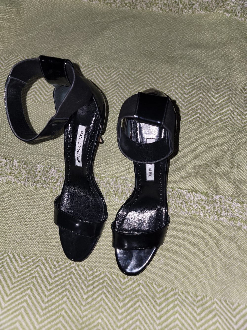 Manolo Blahnik Black Patent Leather Ankle-Strap Sandals